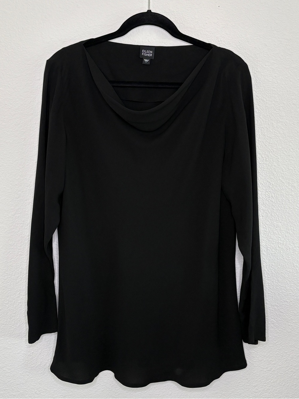 Eileen Fisher 100% Silk Long Sleeve Top Large Black Minimalist Quiet Luxury